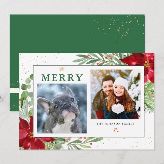 🎄 hiver vert + Gold Carte de Noël 2 photos (Devant / Derrière)
