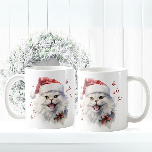 Ho Ho Ho ! Chat amusant Père Noël Mug (Funny Cute white cat with Santa Hat Mug)