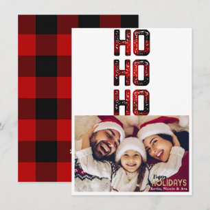 HO HO HO Red Buffalo Plaid Holiday Carte photo