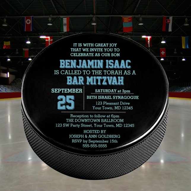 Hockey Puck Round Blue Bar Mitzvah Invitation (Créateur téléchargé)