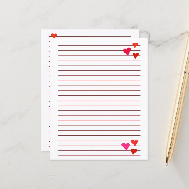 hoja de papel con renglones rojos y corazones (Devant/Arrière en situation)