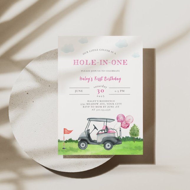 Hole-In-One Pink Golf 1er anniversaire Invitation (Créateur téléchargé)