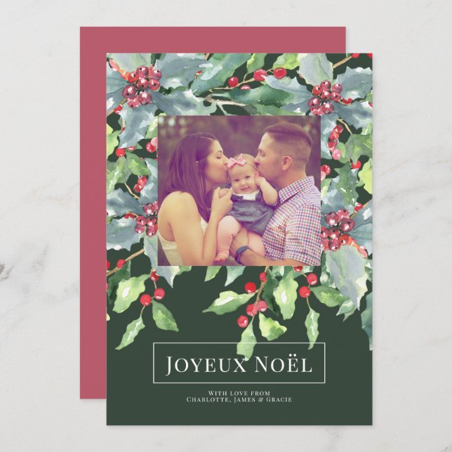 Holly Berry Joyeux Noël Elégante carte de Noël (Devant / Derrière)