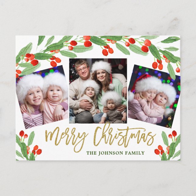 Holly Christmas Holiday 4 PHOTO Grey Carte postale (Devant)