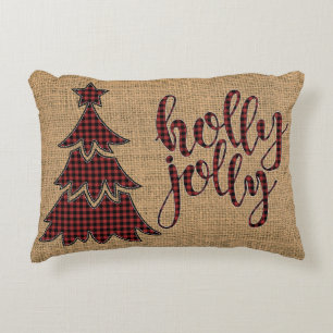 holly jolly burlap FAUX, Coussin d'arbre plaid