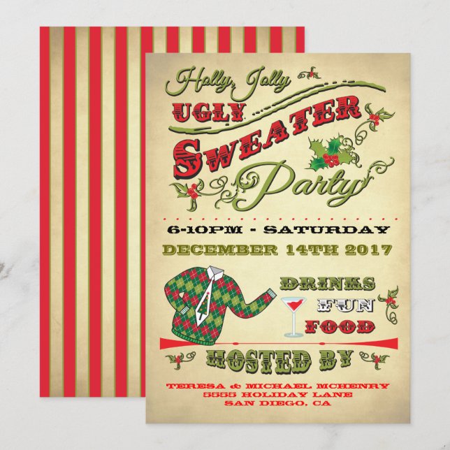 Holly Jolly Ugly Sweater Fête Invitation (Devant / Derrière)