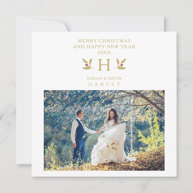 Holly Monogram Initial Christmas Newlyweds Photo (Devant)