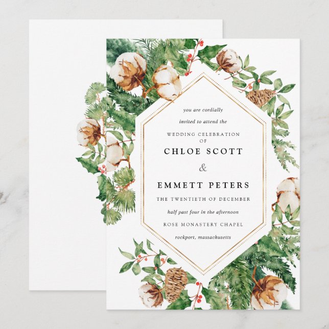 Holly Pine Blanc Floral Hiver Mariage Invitation (Devant / Derrière)