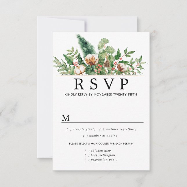 Holly Pine Hiver Mariage RSVP Options de repas (Devant)