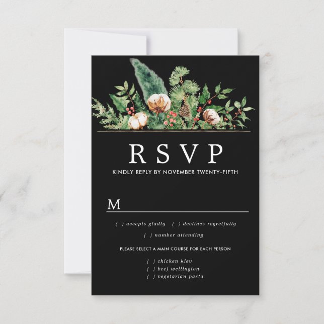 Holly Pine Hiver Mariage RSVP Options de repas (Devant)