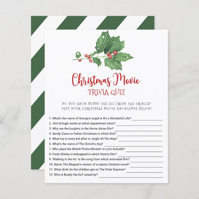 Holly Wreath Christmas Movie TRIVIA QUIZ Game Card (Devant / Derrière)