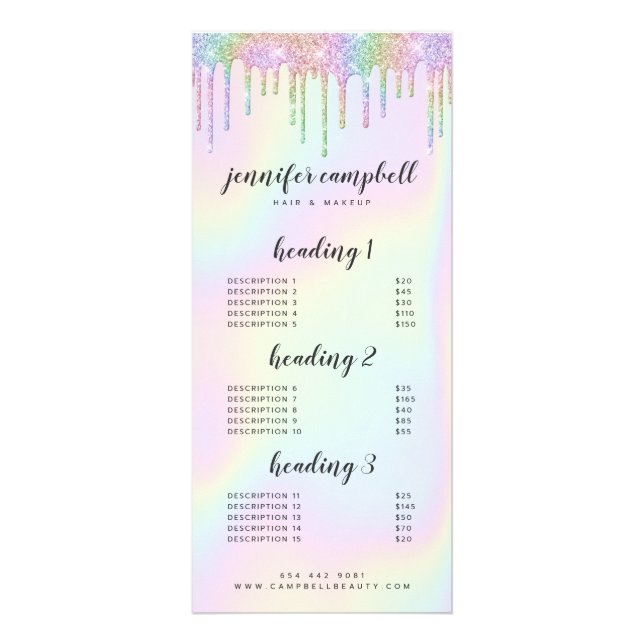 Holographic glitter drips glam salon service menu (Devant)