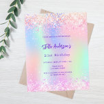Holographie rose 21e anniversaire invitation budgé<br><div class="desc">Une invitation à la fête du 21e anniversaire féminine et féminine. Devant : Un arc-en-ciel, arrière - plan de couleur holographique en violet, rose, vert menthe. Décoré de mousseux roses rousses. Personnalisez et ajoutez un nom et des détails du parti. Le nom est écrit avec un script de style écrit...</div>