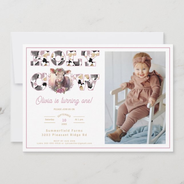 Holy Cow Girl 1st Birthday Photo Invitation (Devant)