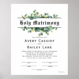 Holy Matrimony ♥ Wedding Certificate Poster