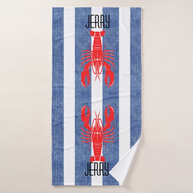 Homard rouge sur Bleu Blanc Denim Stripes (Serviette de bain)