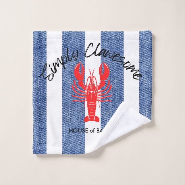 Homard rouge sur Bleu Blanc Denim Stripes (Gant de toilette)