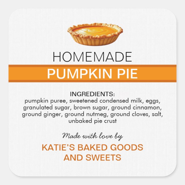 Homemade Pumpkin Pie Label | Fall Baking Sticker (Devant)