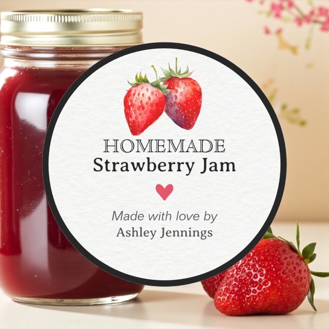 Homemade Strawberry Jam Label | Custom Sticker (Homemade strawberry jam label with watercolor strawberries)