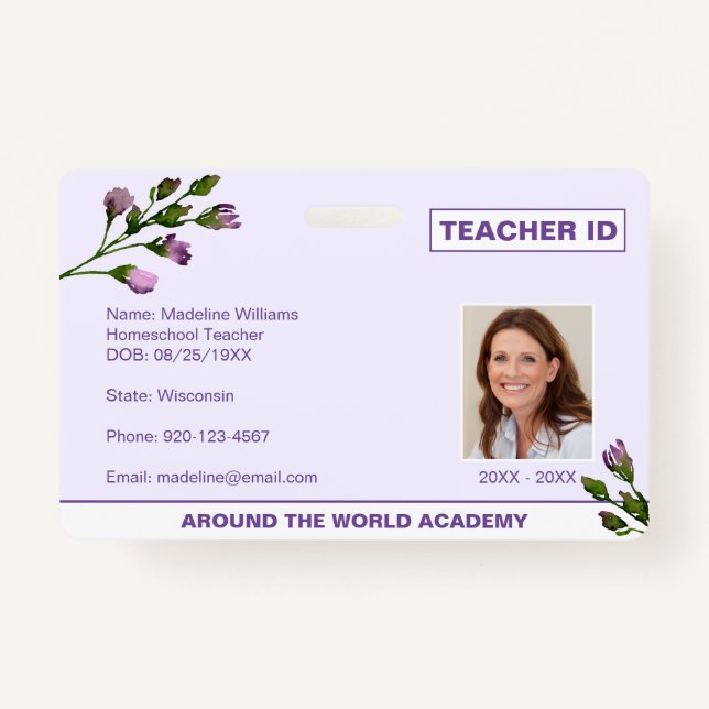 Homeschool Enseignant Floral ID Badge (Devant)