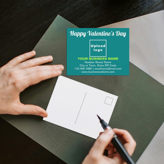 Hommage Valentin d'affaires sur carte postale vert (Business brand with Valentine greeting on teal green postcard to advertise your business.)