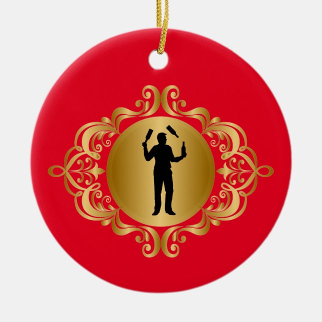 Homme Bartender Silhouette Ornement de Noël (Devant)