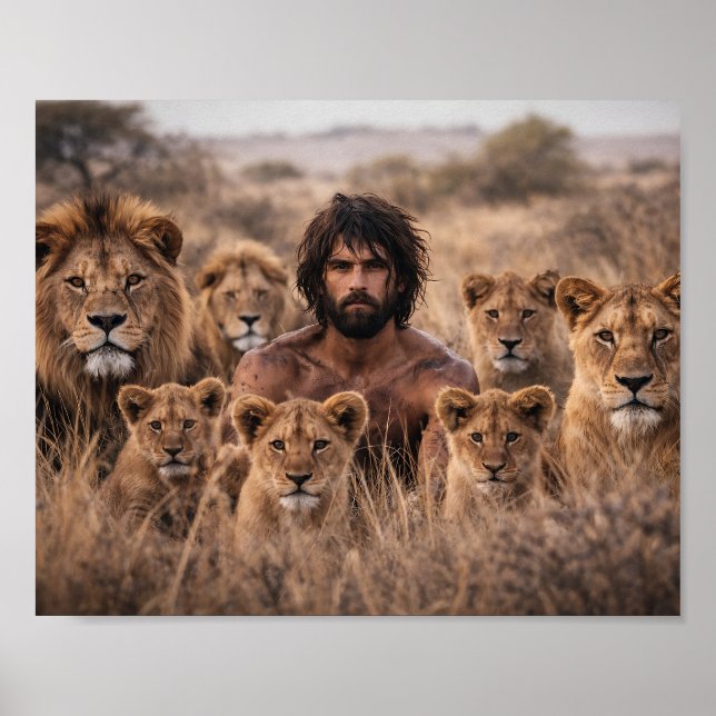Homme élevé par une fierté de lions Affiche faune  (Devant)