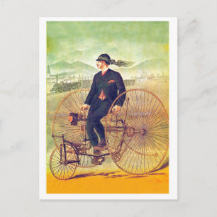 Homme sur tricycle, carte postale de voyage vintag