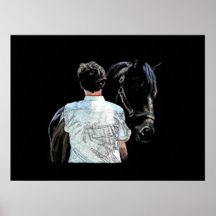 Homme tenant le cheval sombre Poster