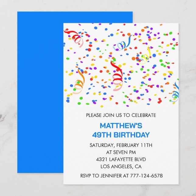 Hommes 49e anniversaire invitations Rainbow Confet (Devant / Derrière)