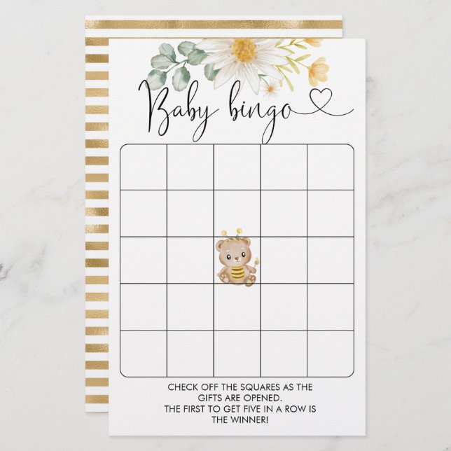 Honey Bear Baby shower Bingo Jeu (Devant / Derrière)