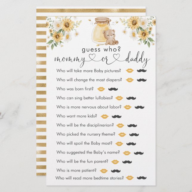 Honey Bear Baby shower "Devinez Qui" Jeu (Devant / Derrière)