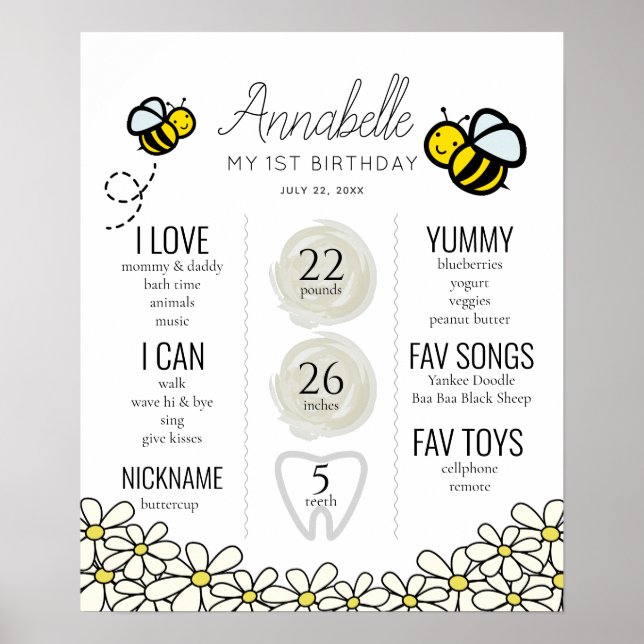Honey Bee1st Birthday Milestone White Poster (Devant)