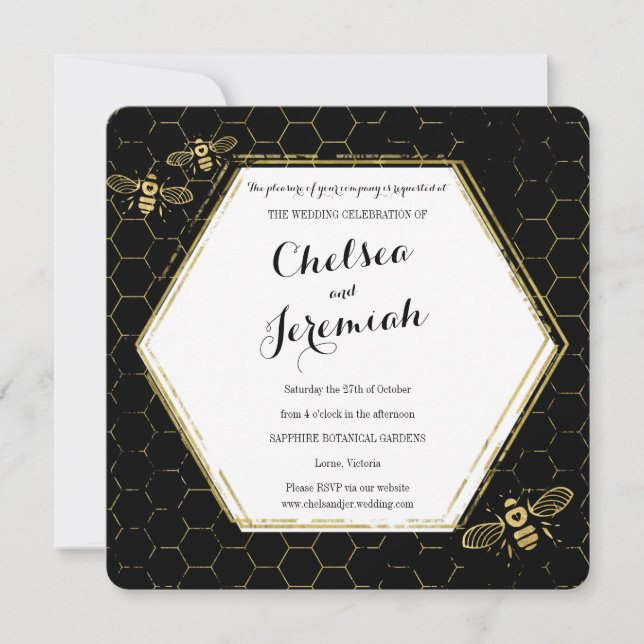 Honey Bee Black Gold Custom Wedding Invitation (Devant)