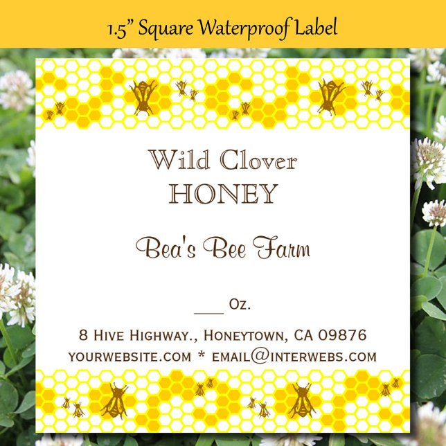 Honey Bee Honeypeb modifiable Étiquette Carré 1,5  (Zazzle Honey Bee Honeycomb square Waterproof Label)