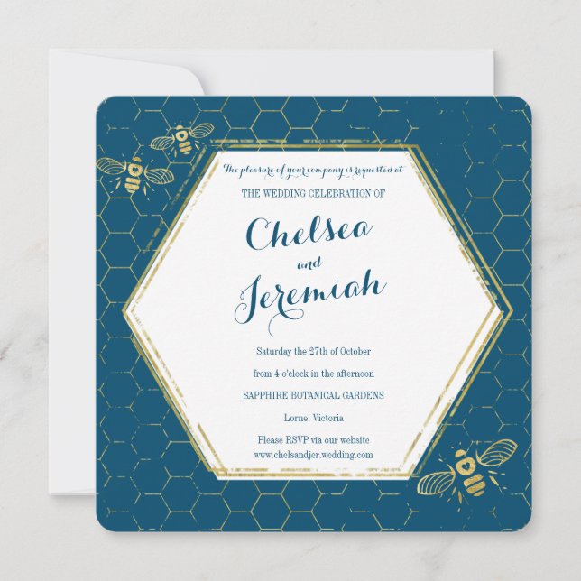 Honey Bee Turquoise Gold Custom Wedding Invitation (Devant)