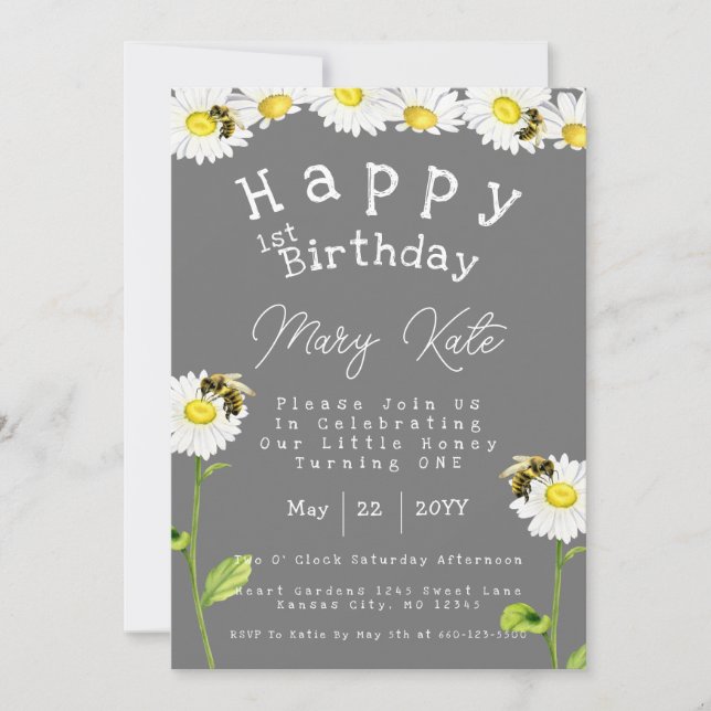 Honey Bees and Daisy 1er Anniversaire Invitation (Devant)