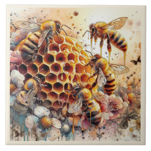 HONEY BEES FLEURS SUR HONEYCOMB   Carreaux en céra
