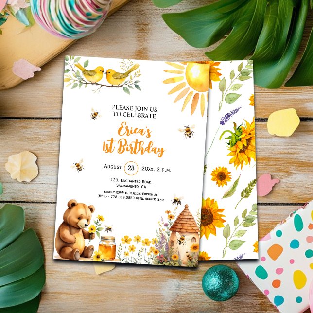 Honey Bees Teddy Bear 1er Anniversaire Invitation (Créateur téléchargé)
