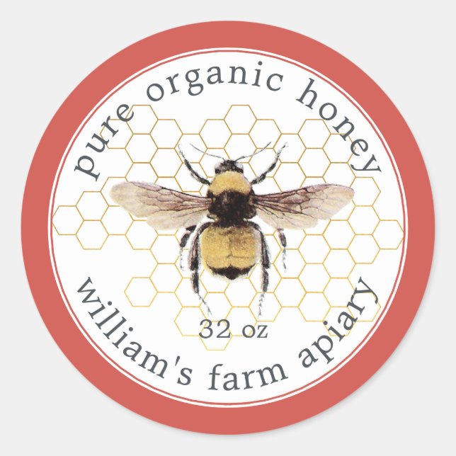 Honey Jar Étiquette Honeybee Apiary Honeycomb Roug (Devant)