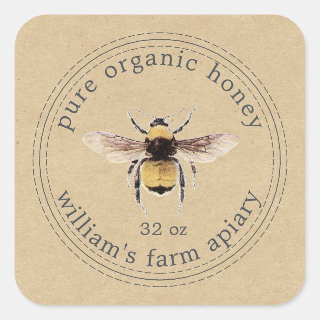 Honey Jar Étiquette Honeybee Apiary Kraft Papier (Devant)