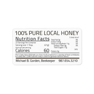 Honey Nutrition Facts Kraft Étiquette de adresse