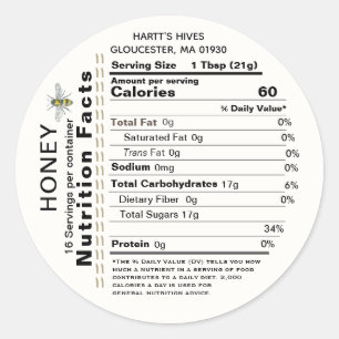 Honey Nutrition Facts Round Étiquette Apiary Nom B