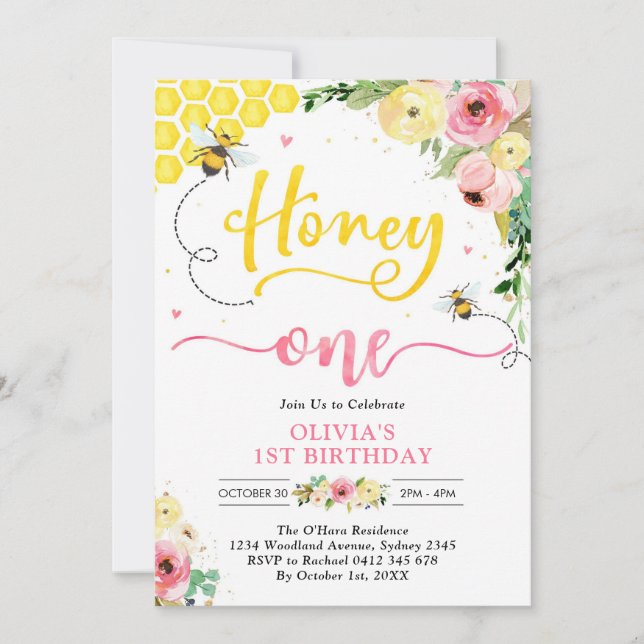 Honey One Honey Bee 1st Birthday Invitation (Devant)