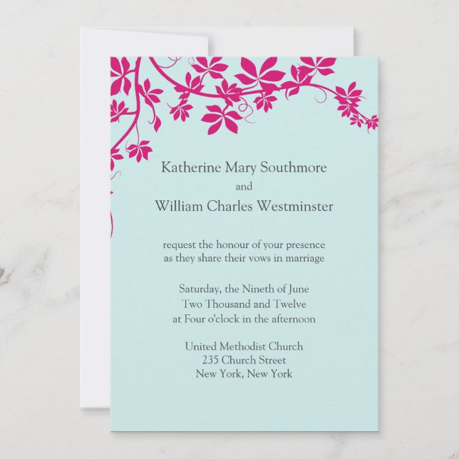 Honeysuckle et Tropical Blue Wedding Invitations (Devant)