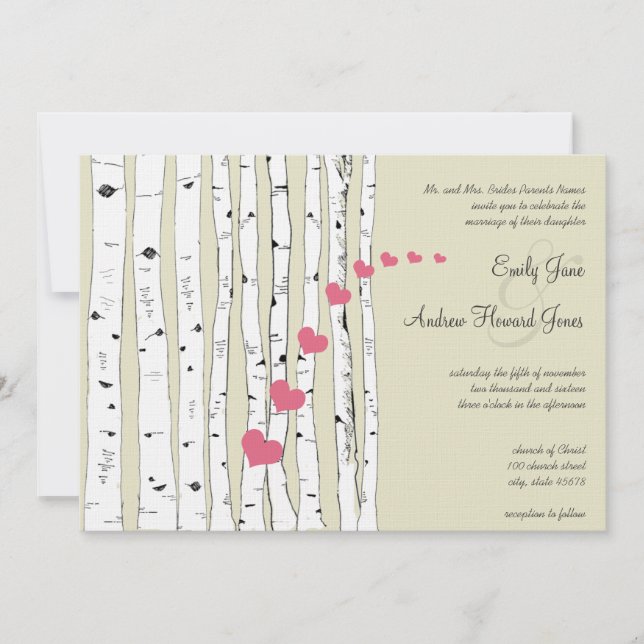 Honeysuckle Hearts Birch Tree Wedding Invitations (Devant)