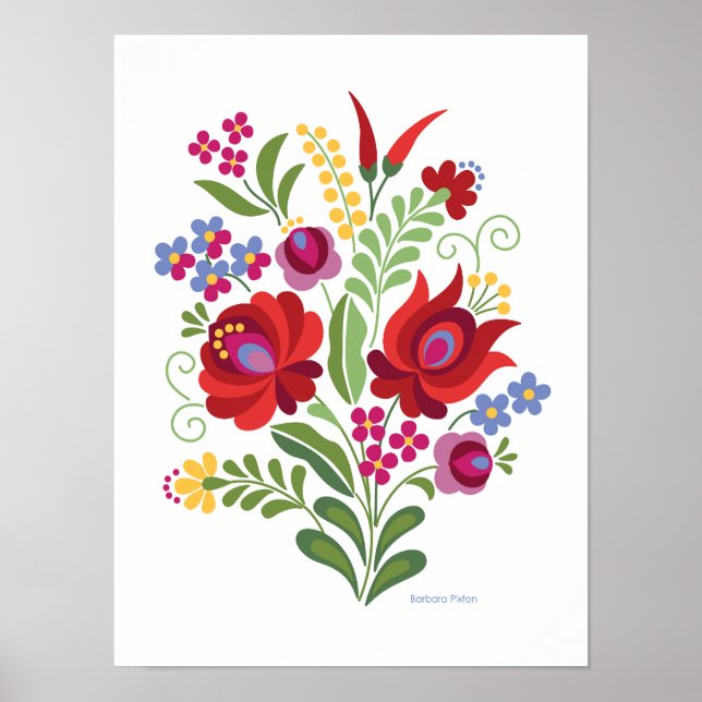 Hongrois Folk Design Rouge Rose et Poivrons Poster (Devant)