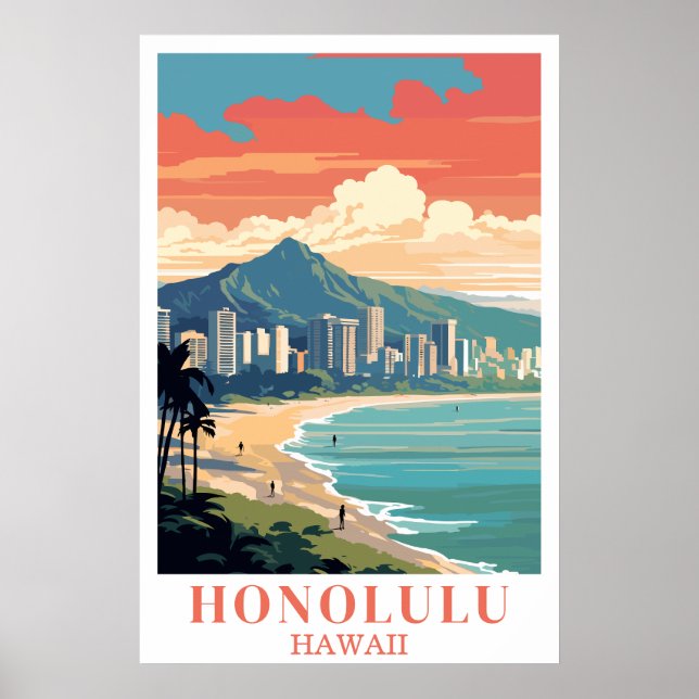 Honolulu Hawaii Art mural de voyage vintage (Devant)