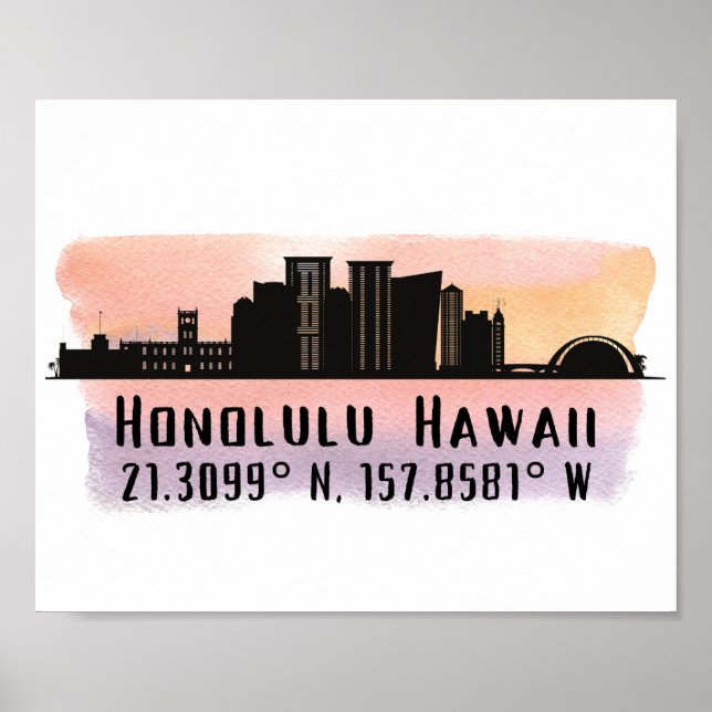 Honolulu Skyline Latitude et Longitude Impression (Devant)