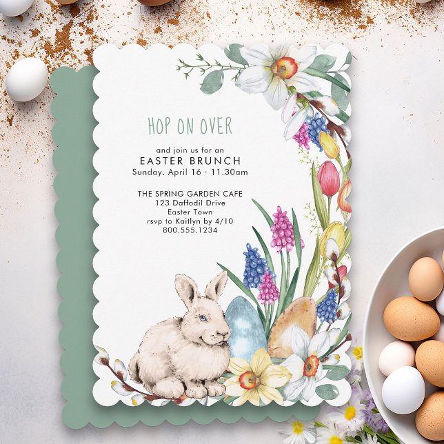 Hop On Over Spring Floral Pâques Brunch Invitation (Easter Brunch Invitation with cute rabbit, spring flowers and eggs)